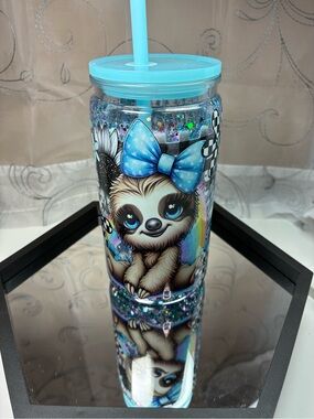 Blue Bow Sloth Glitter Tumbler